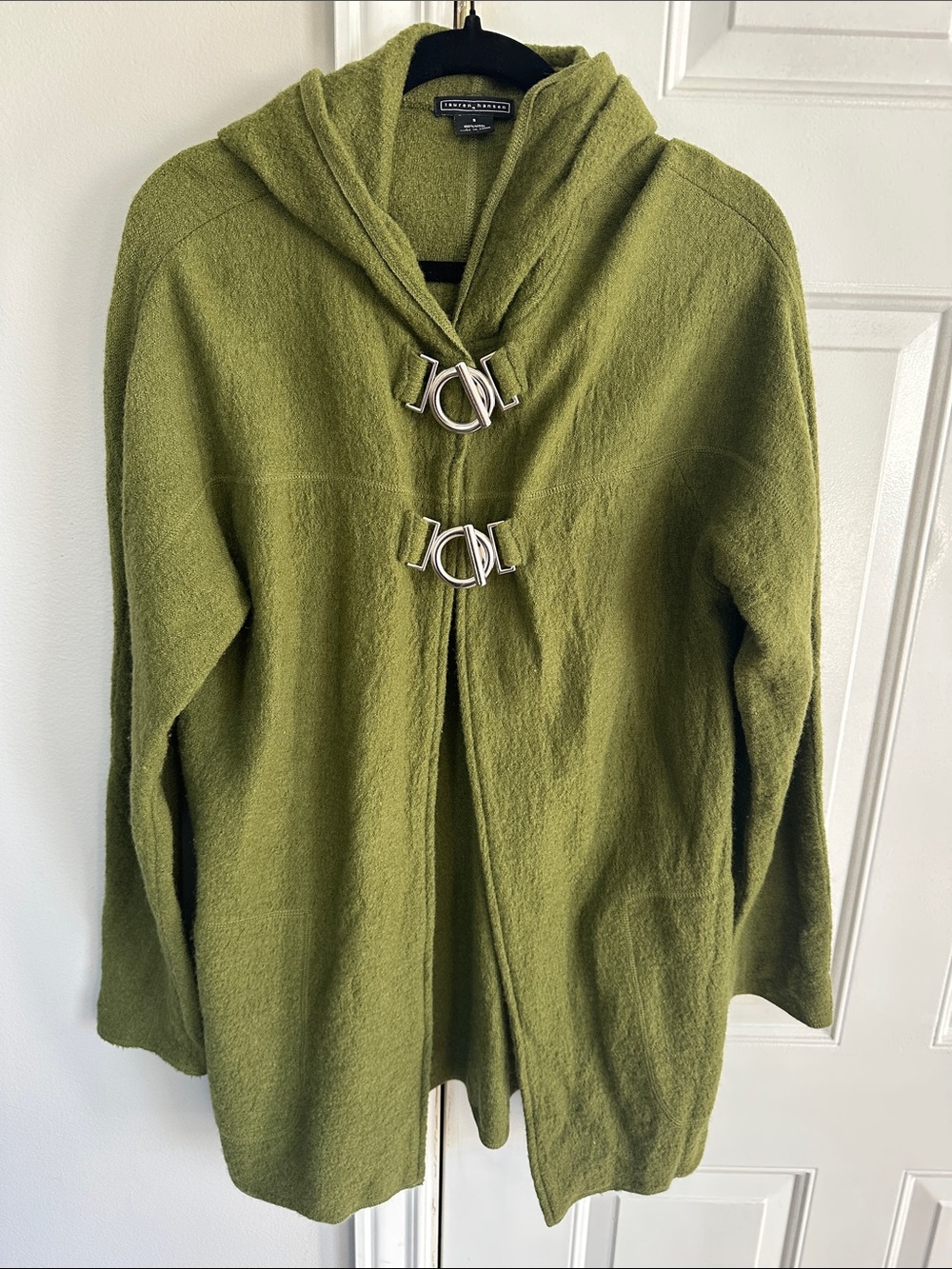 Wool-Blend Olive Green Hooded Cape with Silver Toggle Closures